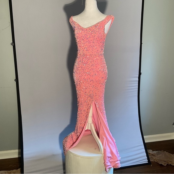 Faeriesty Dopamine XS Pink Crushed Velvet Bodycon Dress with Sequins, Front Slit - Picture 2 of 16